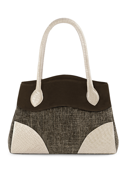 Dark brown and champagne white women's dress handbag, matching pumps and belts. Top view - Florence KOOIJMAN